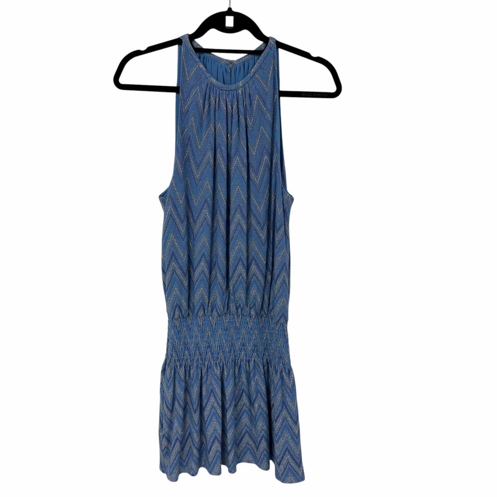 NWT Ramy Brook Lurex Paris Sleeveless Dress Ocean Blue Gold Chevron Size Medium
